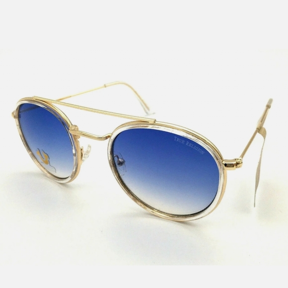 TRUE RELIGION Sunglasses Gold Frame Blue Round Shade - Picture 5 of 8